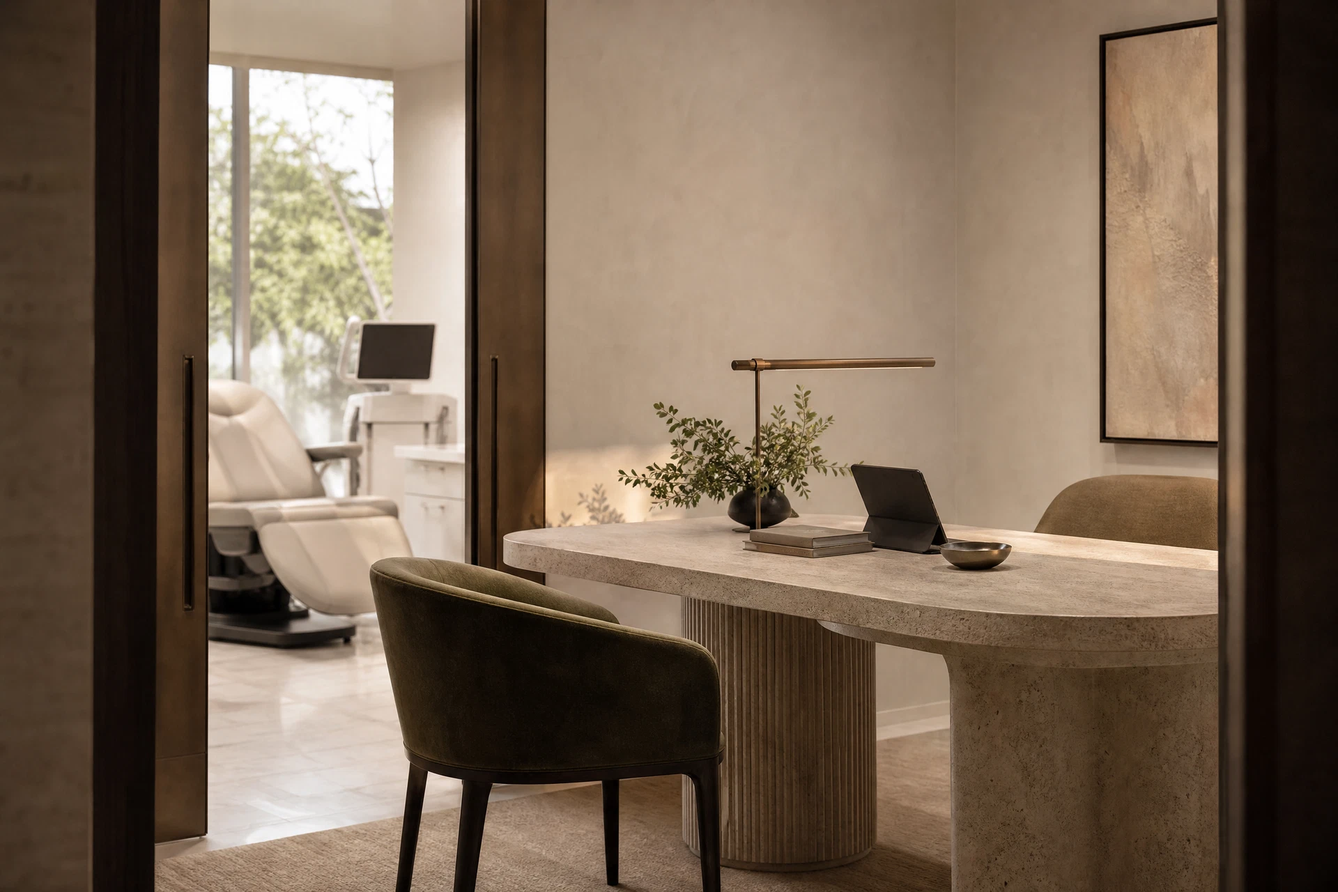 Refined aesthetic practice consultation environment balancing warmth and clinical precision