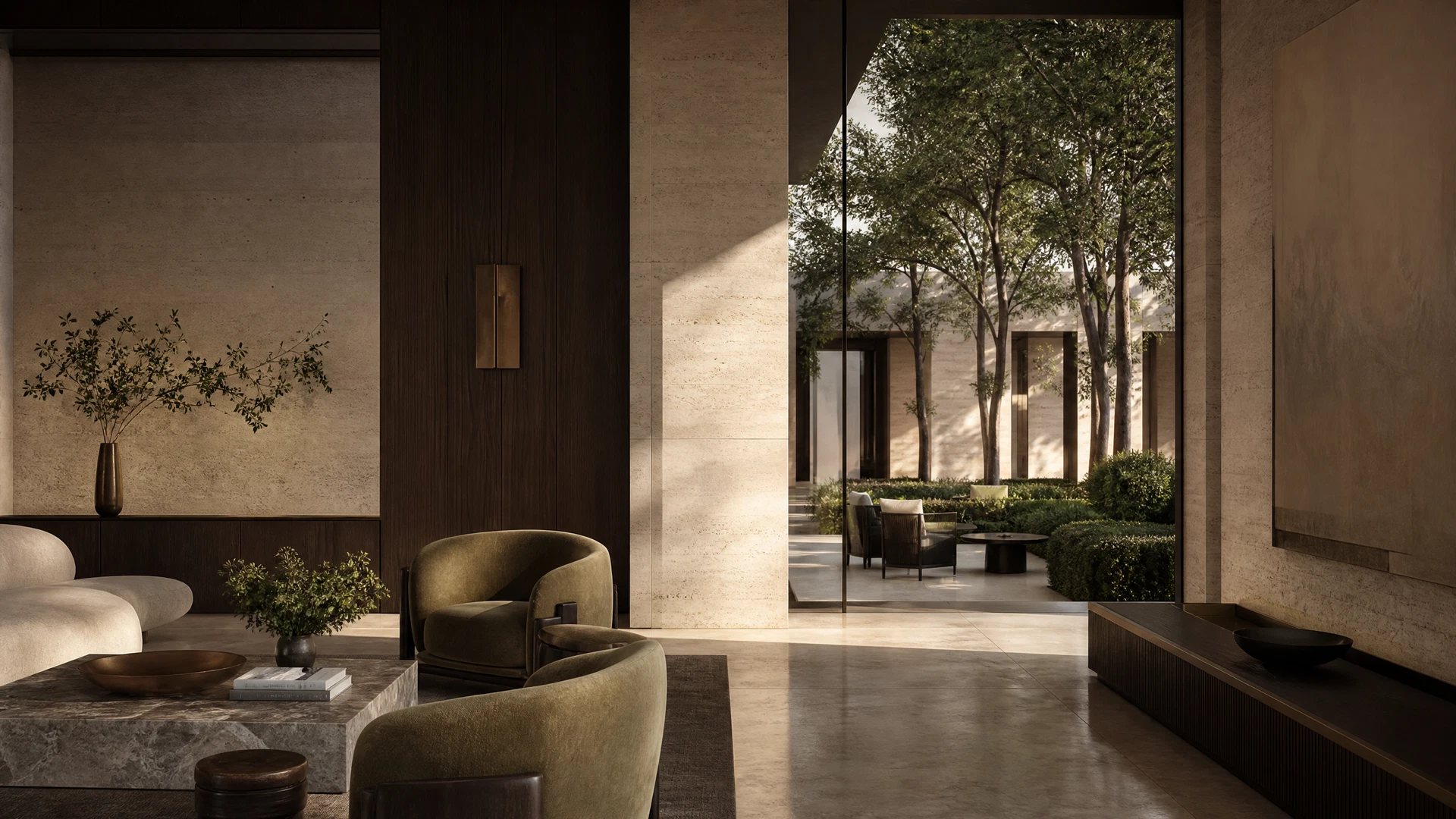 Warm contemporary hospitality interior with stone, wood, and natural light