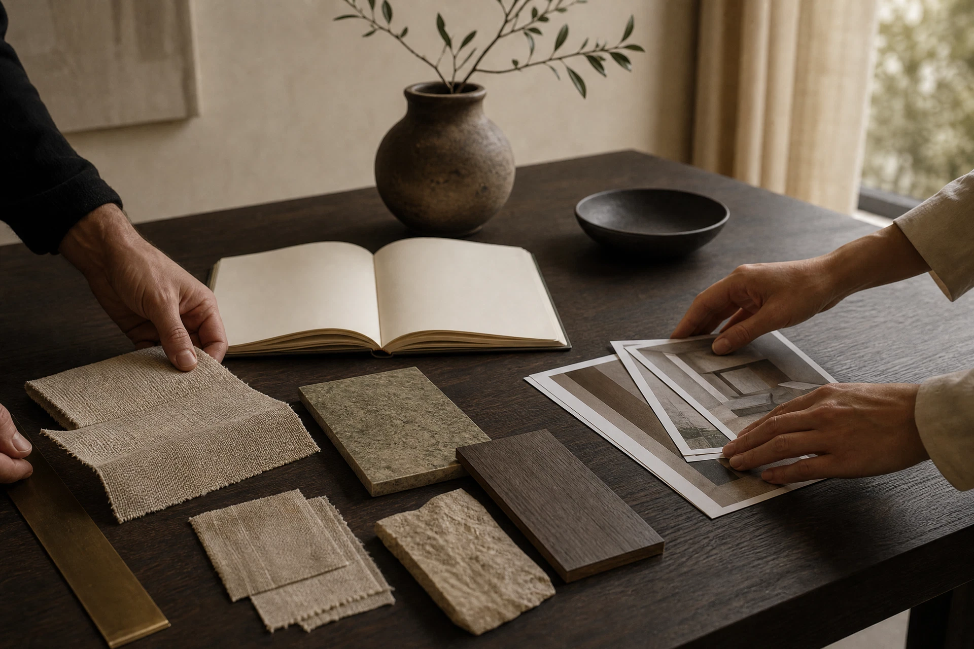Two collaborators reviewing materials and editorial proofs at a worktable