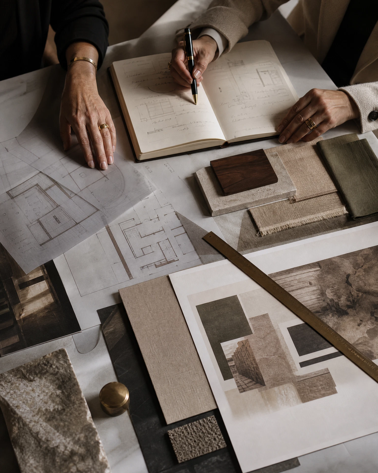 Communications and spatial strategy materials being considered together at a worktable