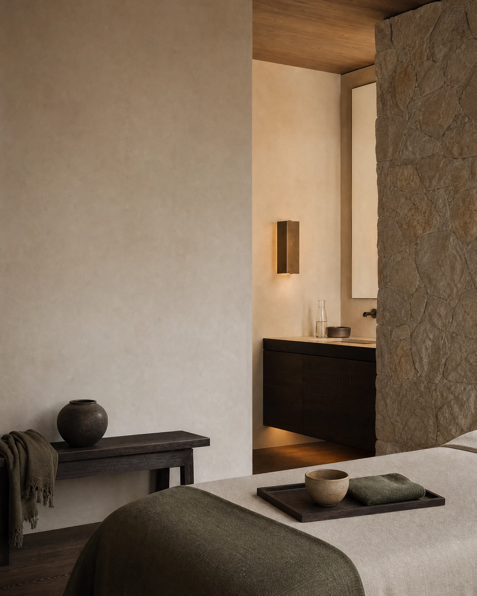 Refined wellness interior with natural materials and soft light