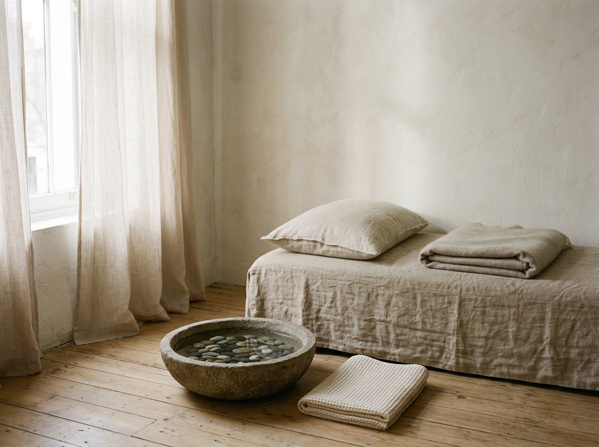 Tranquil wellness studio interior with linen daybed and natural light