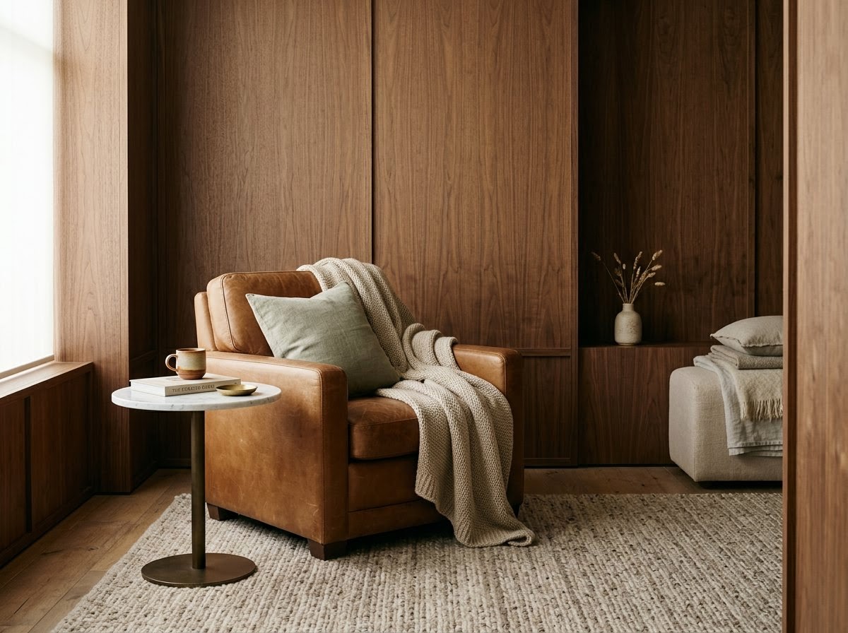 Warm hospitality lounge interior with leather armchair and marble side table