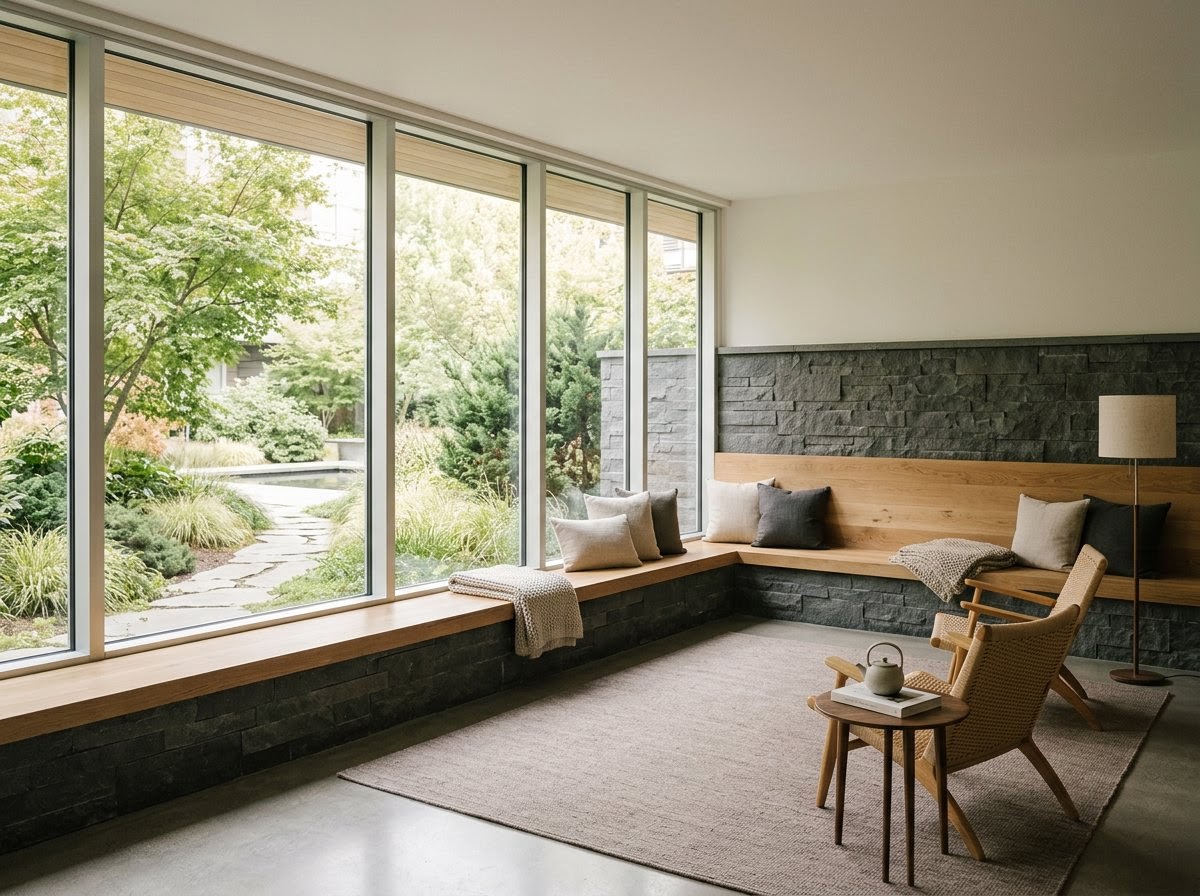 Residential building lounge amenity space overlooking a landscaped courtyard